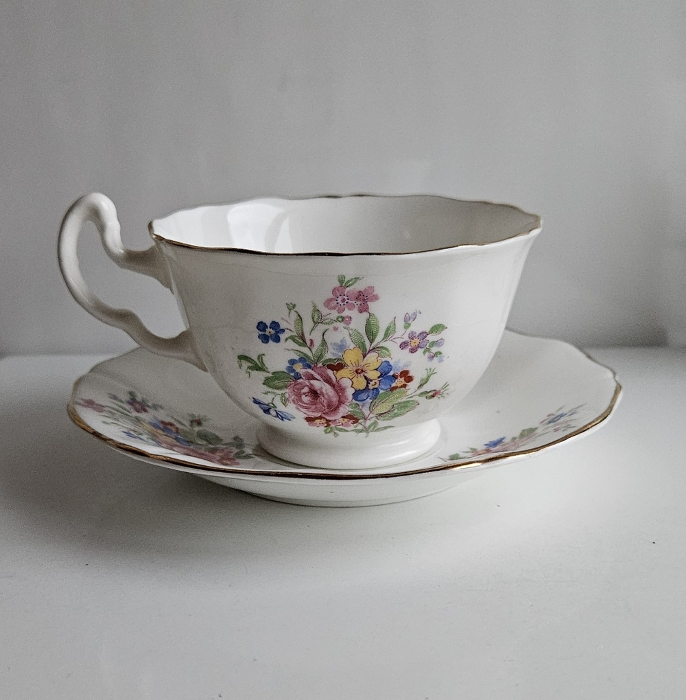 Vintage Adderley Bone China Tea Cup & Saucer — Mid-Century Floral with Gold Trim